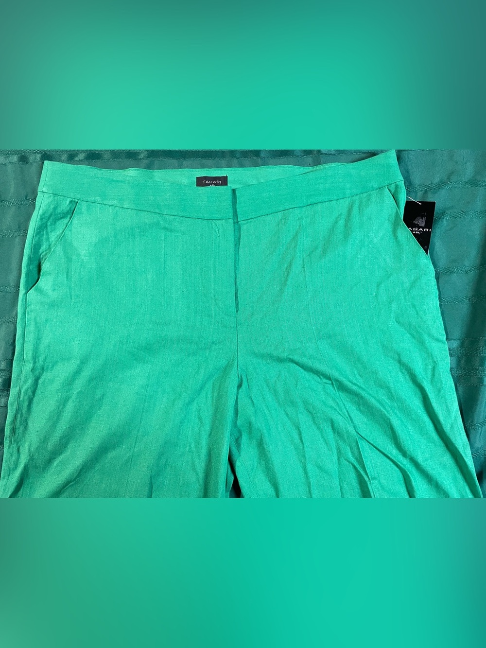 Tahari Women's Teal Wide Leg Linen-Blend Pants